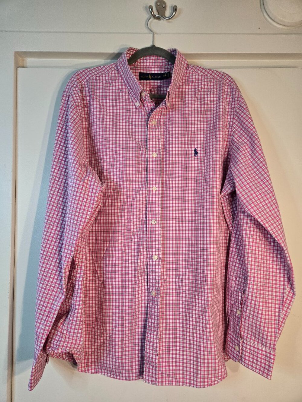 Classic Ralph Lauren pink gingham button-down shirt in comfortable XXL size.